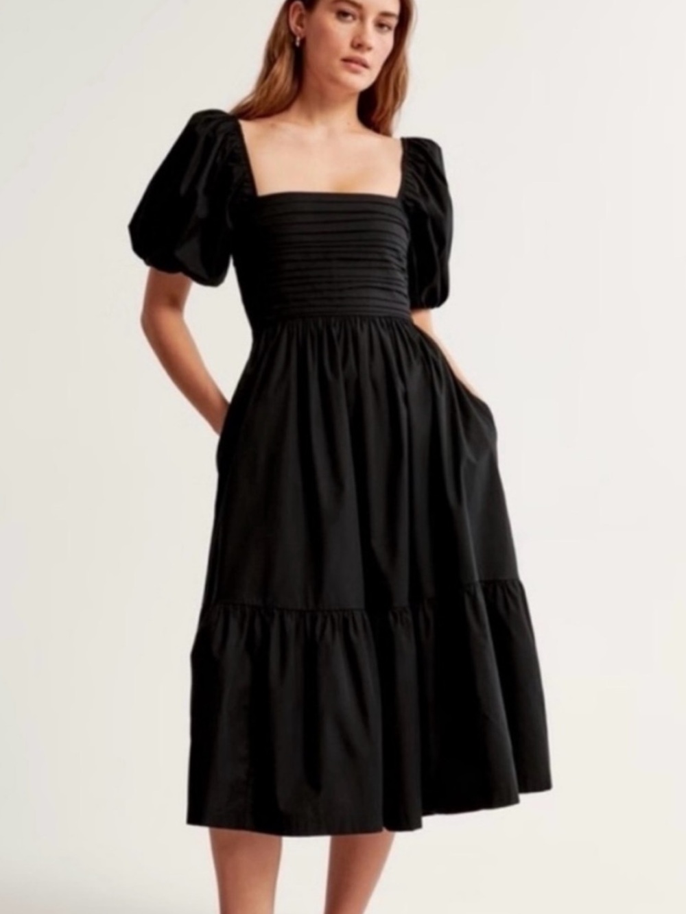 A&F Black Midi Dress with Bodice and Poplin Puff Sleeves with Pockets Size MP